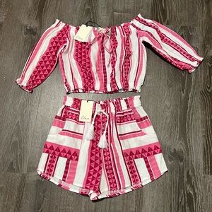 ELAN***Pink/White Cropped Off-Shoulder Top + Shorts SET**Sm. NWT!